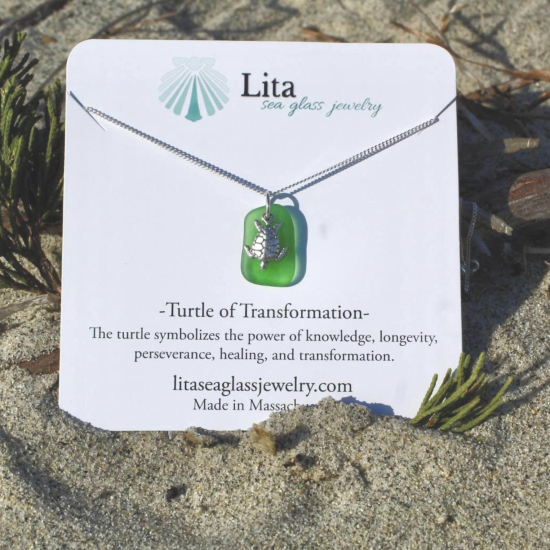 Sea Glass Tiny Turtle of Transformation Inspirational Necklace