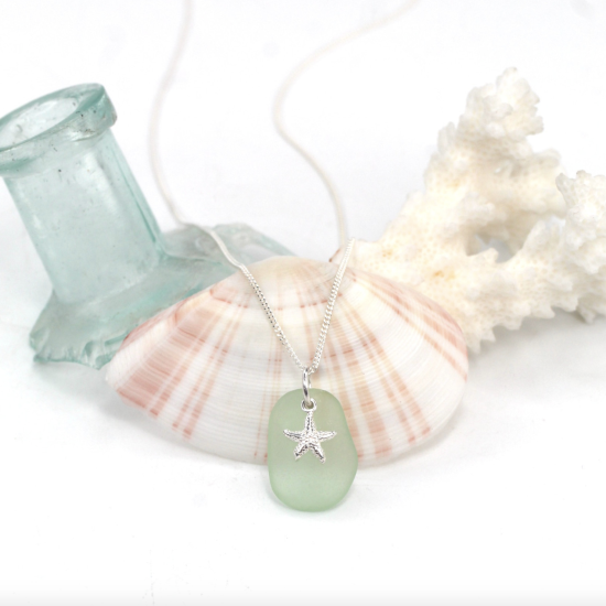 Seafoam Sea Glass Starfish Tiny Charm Necklace