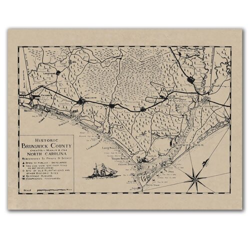 Brunswick Islands Nc Map Historic Brunswick County Map - Islands Art & Bookstore